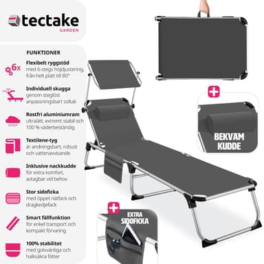 tectake Solstol Aurelie i aluminium, 6-stegs justerbar - grå