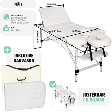 tectake 3-zons massagebänk i aluminium 5 cm stoppning + väska - vit