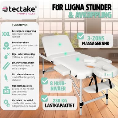 tectake 3-zons massagebänk i aluminium 5 cm stoppning + väska - vit