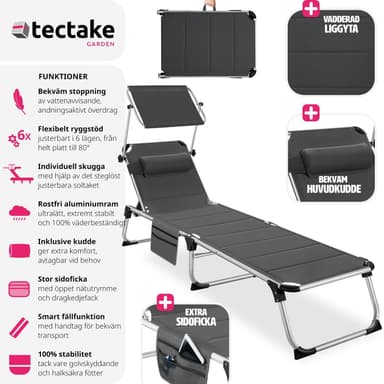 tectake Solstol Lorella, vadderad, hopfällbar - grå