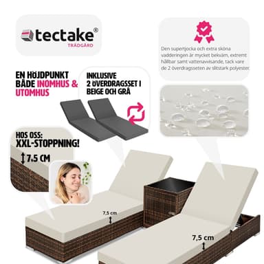 tectake 2 solsängar med bord set i konstrotting aluminium - brun