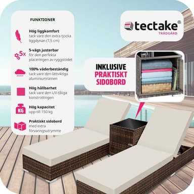 tectake 2 solsängar med bord set i konstrotting aluminium - brun