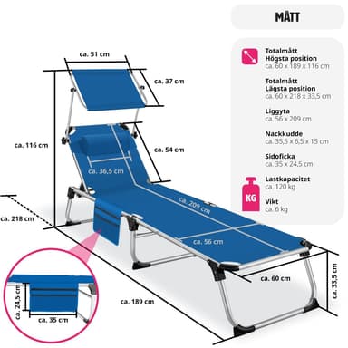 tectake Solstol Aurelie i aluminium, 6-stegs justerbar - blå