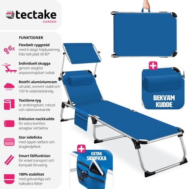 tectake Solstol Aurelie i aluminium, 6-stegs justerbar - blå