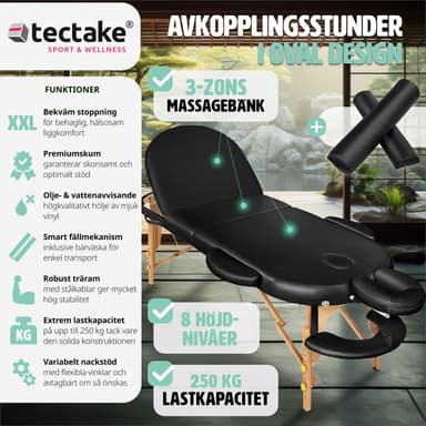 tectake 3-zons oval massagebänk med 5 cm stoppning, kuddar och träram - svart