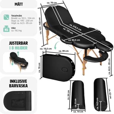 tectake 3-zons oval massagebänk med 5 cm stoppning, kuddar och träram - svart