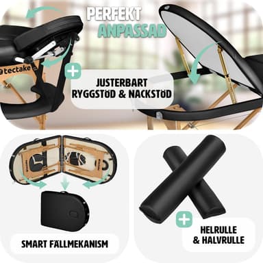 tectake 3-zons oval massagebänk med 5 cm stoppning, kuddar och träram - svart
