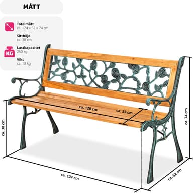 tectake Trädgårdsbänk Marina Sittbänk 2-sits av trä och gjutjärn 124x52x74cm - brun