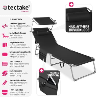 tectake Set med 2 solstolar Chloe, 4-stegs justerbara med huvudkudde - svart
