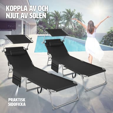 tectake Set med 2 solstolar Chloe, 4-stegs justerbara med huvudkudde - svart