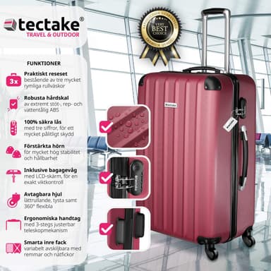 tectake 3-delars resväskeset Talia med bagagevåg och bagagetaggar - vinröd