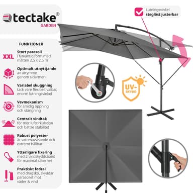 tectake Solparasoll Apollon med vevmekanism 2,5 x 2,5 m - ljusgrå