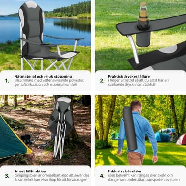 tectake 4 campingstolar med stoppad dyna, hopfällbara - grå
