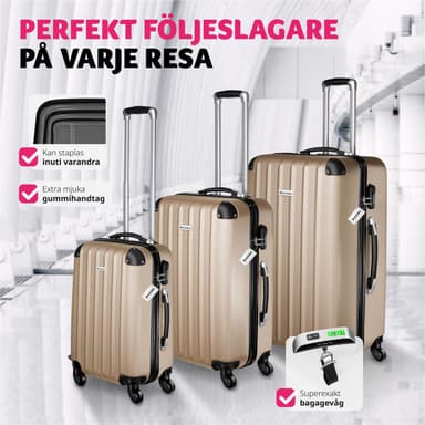 tectake 3-delars resväskeset Talia med bagagevåg och bagagetaggar - champagne