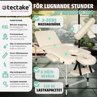 tectake 3-zons massagebänk med 5 cm stoppning, rullar och aluminiumram - beige