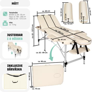 tectake 3-zons massagebänk med 5 cm stoppning, rullar och aluminiumram - beige