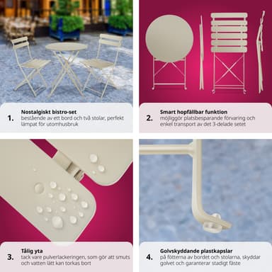 tectake Bistrobord set Frieda, hopfällbart för 2 personer - creme