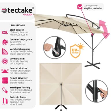 tectake Solparasoll Apollon med vevmekanism 2,5 x 2,5 m - beige