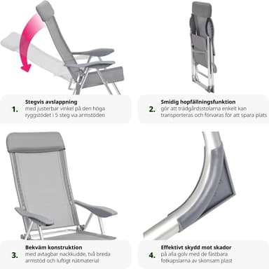 tectake 4 trädgårdsstolar i aluminium med nackkudde - grå