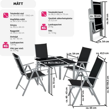 tectake Matgrupp i Aluminium med 4 stolar - silver