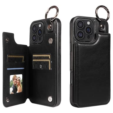 SKALO iPhone 16 Pro Max PU-Läder Korthållare med Ring Skal - Svart