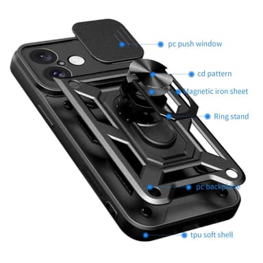 SKALO iPhone 16 Plus Armor Hybrid Metallring Kameraslider - Svart