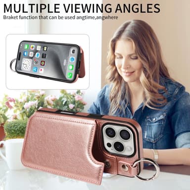 SKALO iPhone 16 Pro PU-Läder Korthållare med Ring Skal - Roséguld