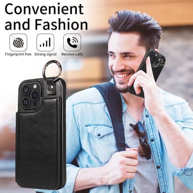 SKALO iPhone 16 Pro Max PU-Läder Korthållare med Ring Skal - Svart
