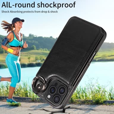 SKALO iPhone 16 Pro Max PU-Läder Korthållare med Ring Skal - Svart