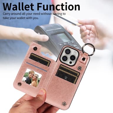 SKALO iPhone 16 Pro PU-Läder Korthållare med Ring Skal - Roséguld
