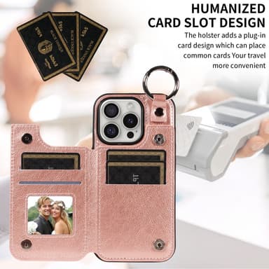 SKALO iPhone 16 Pro PU-Läder Korthållare med Ring Skal - Roséguld
