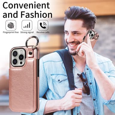 SKALO iPhone 16 Pro PU-Läder Korthållare med Ring Skal - Roséguld