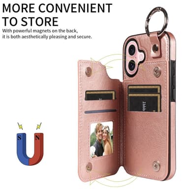 SKALO iPhone 16 PU-Läder Korthållare med Ring Skal - Roséguld