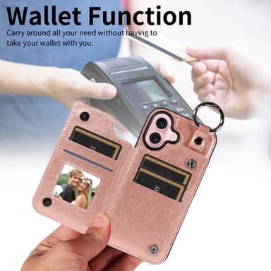 SKALO iPhone 16 PU-Läder Korthållare med Ring Skal - Roséguld