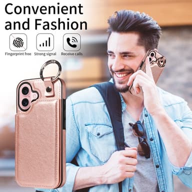 SKALO iPhone 16 PU-Läder Korthållare med Ring Skal - Roséguld