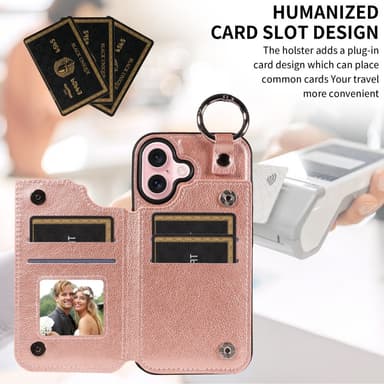 SKALO iPhone 16 PU-Läder Korthållare med Ring Skal - Roséguld