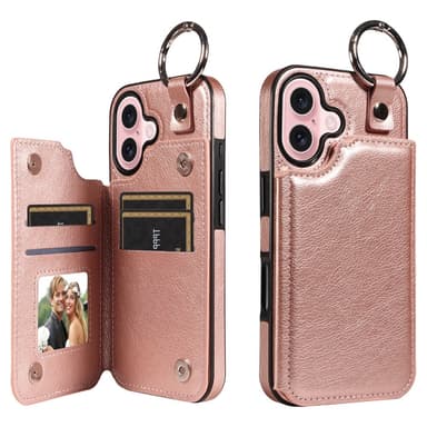 SKALO iPhone 16 PU-Läder Korthållare med Ring Skal - Roséguld