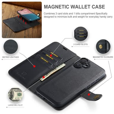 DG MING iPhone 16 2-i-1 Magnet Plånboksfodral - Svart