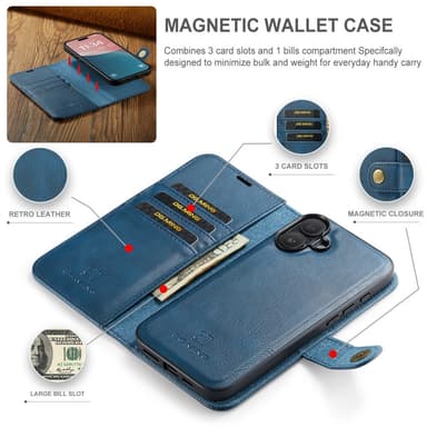 DG MING iPhone 16 Plus 2-i-1 Magnet Plånboksfodral - Blå