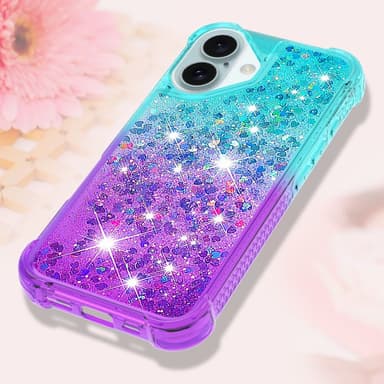 SKALO iPhone 16 Kvicksand Glitter Hjärtan TPU-skal - Turkos-Lila