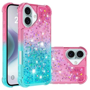 SKALO iPhone 16 Plus Kvicksand Glitter Hjärtan TPU-skal - Rosa-Turkos