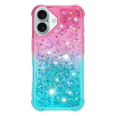 SKALO iPhone 16 Plus Kvicksand Glitter Hjärtan TPU-skal - Rosa-Turkos