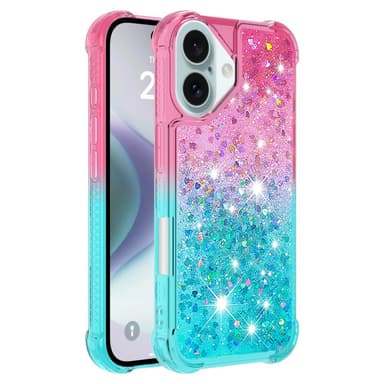 SKALO iPhone 16 Plus Kvicksand Glitter Hjärtan TPU-skal - Rosa-Turkos