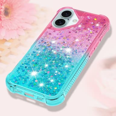 SKALO iPhone 16 Plus Kvicksand Glitter Hjärtan TPU-skal - Rosa-Turkos