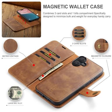 DG MING iPhone 16 2-i-1 Magnet Plånboksfodral - Brun