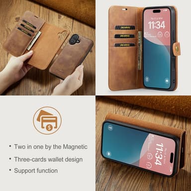 DG MING iPhone 16 2-i-1 Magnet Plånboksfodral - Brun