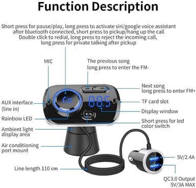 Trådlös FM-sändare för bilen Bluetooth 5.0 QC3