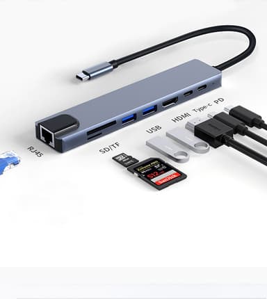 8 portars USB-C hub med USB, UBC PD, HDMI, RJ45, minneskort Grå