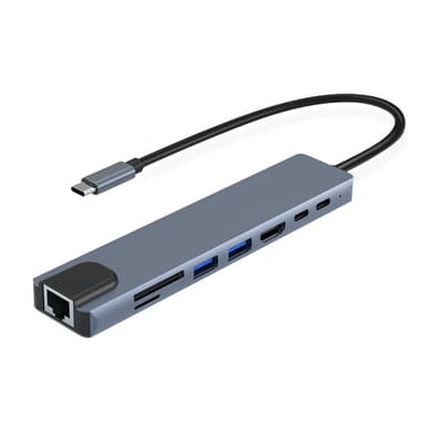 8 portars USB-C hub med USB, UBC PD, HDMI, RJ45, minneskort Grå