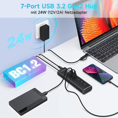 NÖRDIC GEN 3.2 USB-C och USB-A powered Hub 7ports 7x10Gbps 1m kabel individuell switch